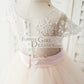 Ivory Lace Pink Tulle Cap Sleeves Wedding Flower Girl Dress with Horsehair Hem