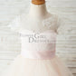 Ivory Lace Pink Tulle Cap Sleeves Wedding Flower Girl Dress with Horsehair Hem