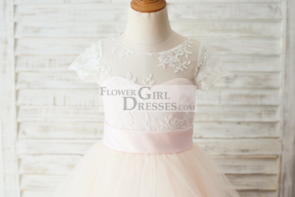 Ivory Lace Pink Tulle Cap Sleeves Wedding Flower Girl Dress with Horsehair Hem