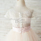 Ivory Lace Pink Tulle Cap Sleeves Wedding Flower Girl Dress with Horsehair Hem