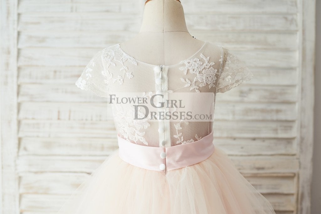 Ivory Lace Pink Tulle Cap Sleeves Wedding Flower Girl Dress with Horsehair Hem