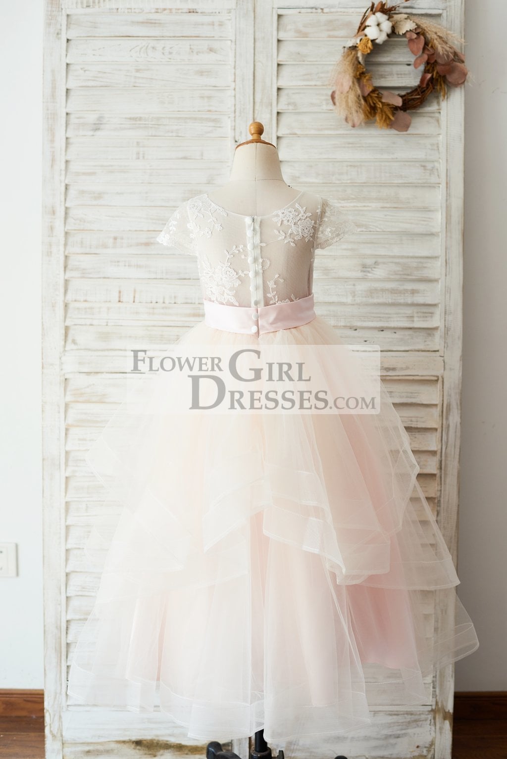 Ivory Lace Pink Tulle Cap Sleeves Wedding Flower Girl Dress with Horsehair Hem