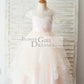 Ivory Lace Pink Tulle Cap Sleeves Wedding Flower Girl Dress with Horsehair Hem