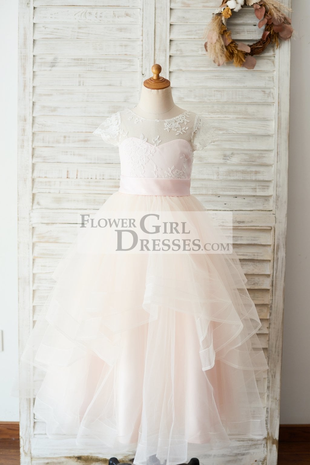 Ivory Lace Pink Tulle Cap Sleeves Wedding Flower Girl Dress with Horsehair Hem