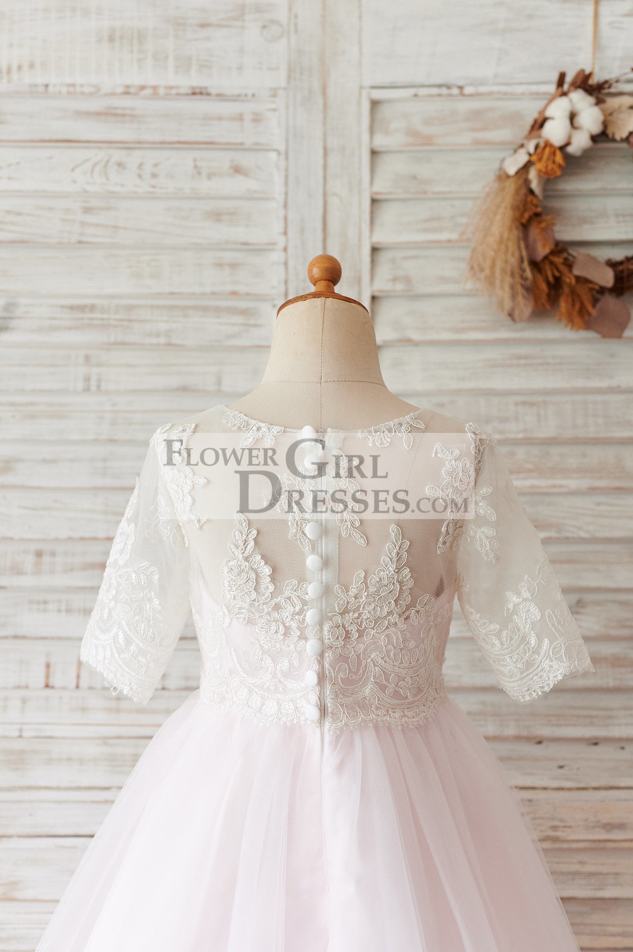 Ivory Lace Pink Tulle Short Sleeves Wedding Flower Girl Dress