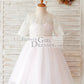 Ivory Lace Pink Tulle Short Sleeves Wedding Flower Girl Dress