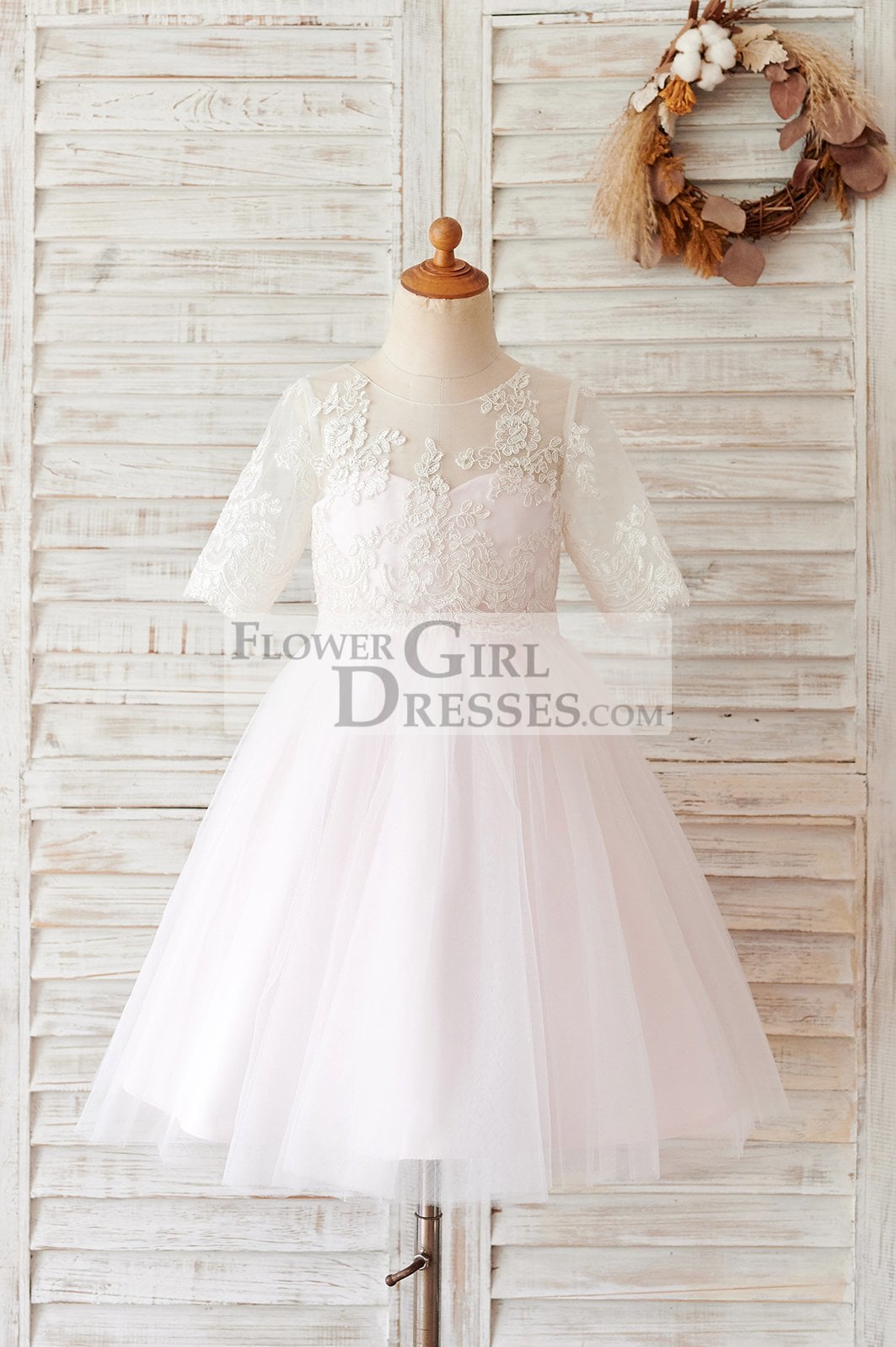 Ivory Lace Pink Tulle Short Sleeves Wedding Flower Girl Dress