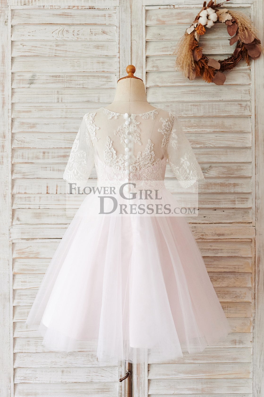 Ivory Lace Pink Tulle Short Sleeves Wedding Flower Girl Dress