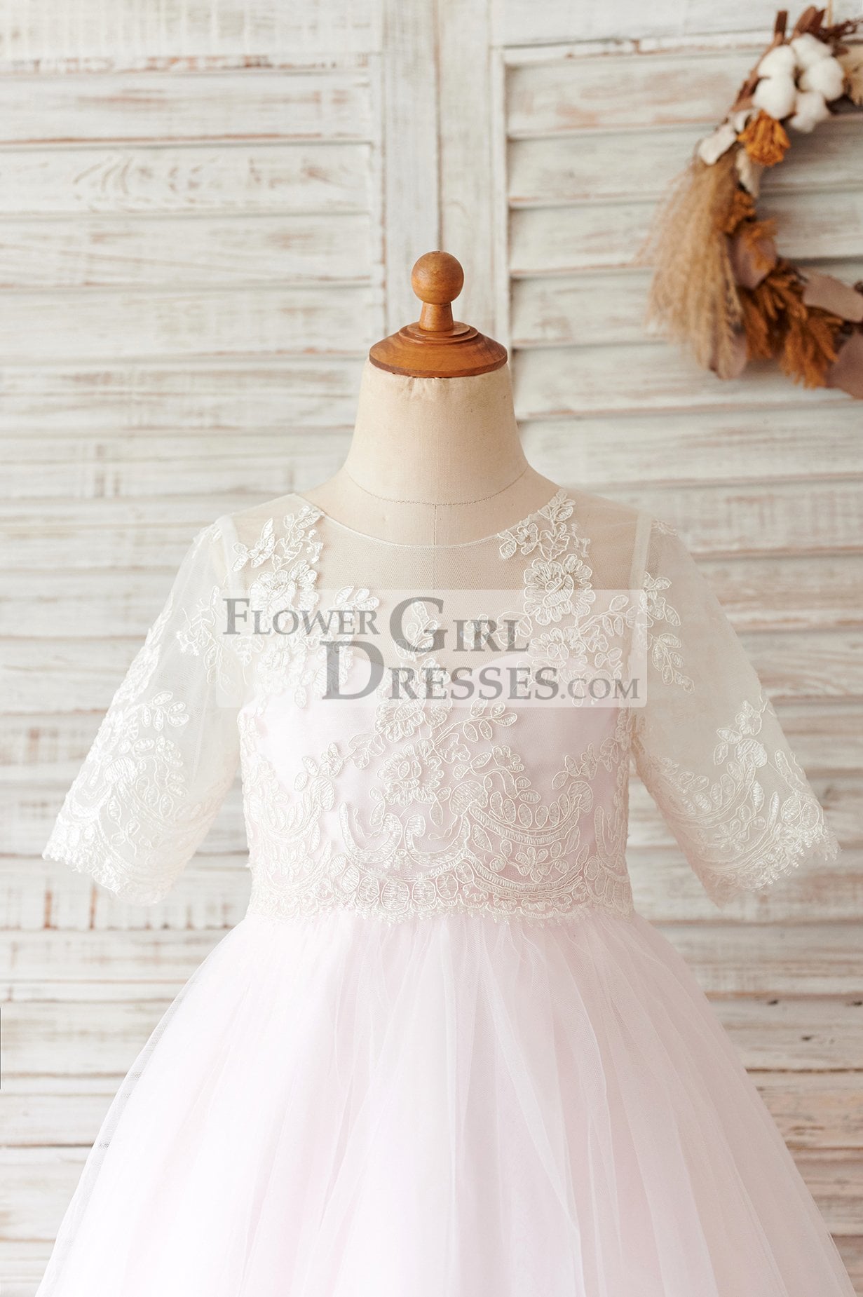 Ivory Lace Pink Tulle Short Sleeves Wedding Flower Girl Dress