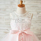 Ivory Lace Pink Tulle Wedding Flower Girl Dress with V Back