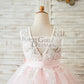 Ivory Lace Pink Tulle Wedding Flower Girl Dress with V Back