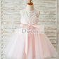 Ivory Lace Pink Tulle Wedding Flower Girl Dress with V Back