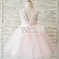 Ivory Lace Pink Tulle Wedding Flower Girl Dress with V Back