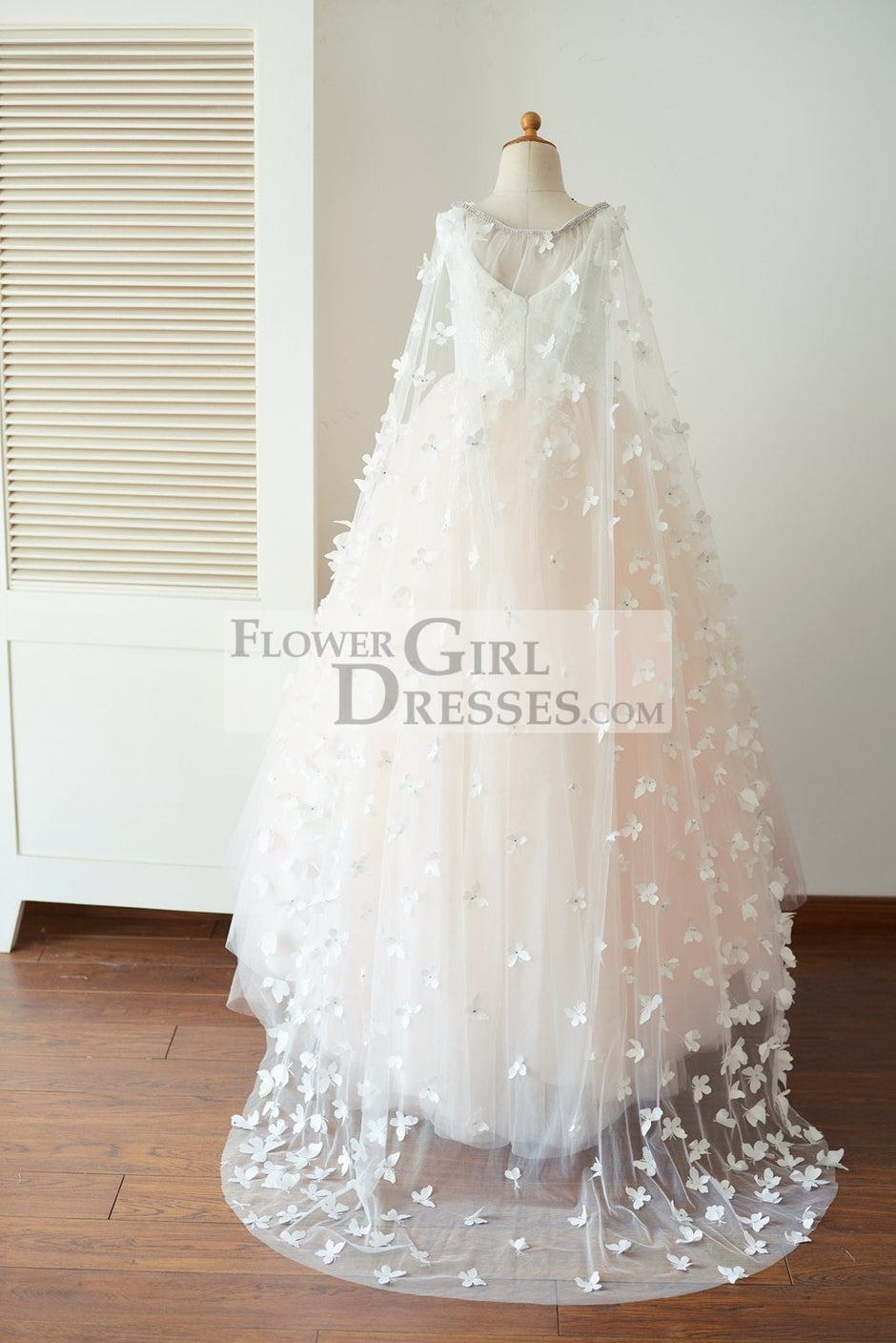 Ivory Lace Blue Tulle Short Sleeves Butterfly Wedding Flower Girl Dress