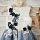 Ivory Lace Silver Gray Tulle Wedding Flower Girl Dress with Navy Blue Appliques\Beads