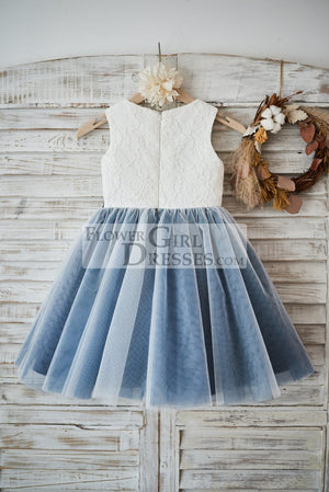 Ivory Lace Dusty Bule Tulle Wedding Flower Girl Dress, Appliques 9T