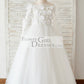 Ivory Lace Tulle Off Shoulder Long Sleeves Wedding Flower Girl Dress with 3D Flowers