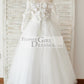 Ivory Lace Tulle Off Shoulder Long Sleeves Wedding Flower Girl Dress with 3D Flowers