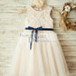 Ivory Lace Tulle Pink Lining Wedding Flower Girl Dress with Navy Blue Sash