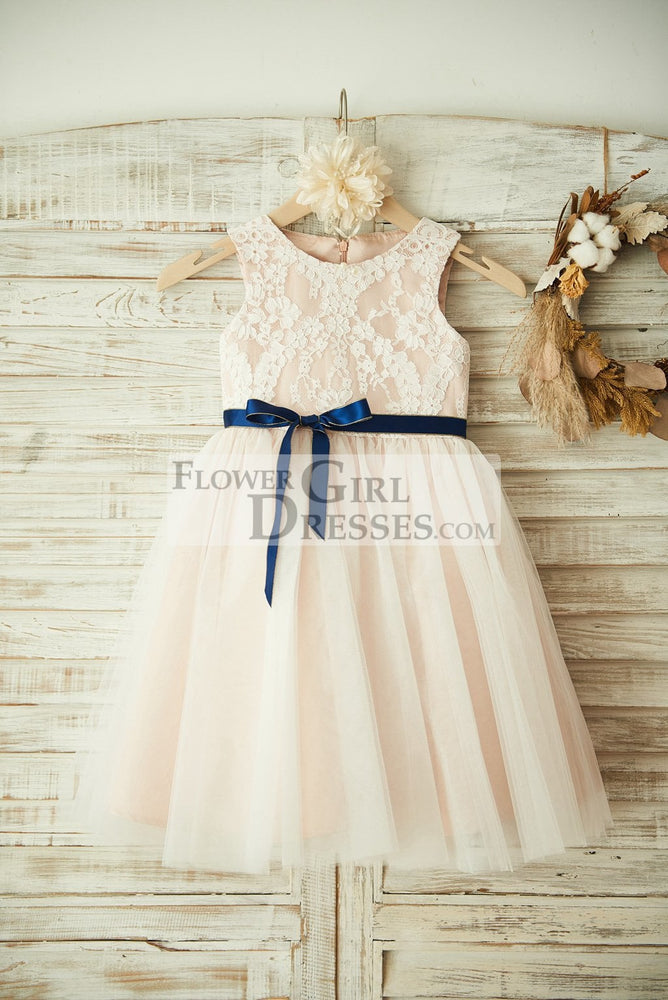 Ivory Lace Tulle Pink Wedding Flower Girl Dress, Navy Blue Sash 7T Ivory Lace Tulle Pink Wedding Flower Girl Dress, Navy Blue Sash 7T