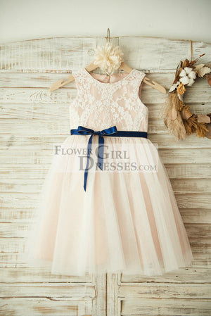 Ivory Lace Tulle Pink Wedding Flower Girl Dress, Navy Blue Sash 7T