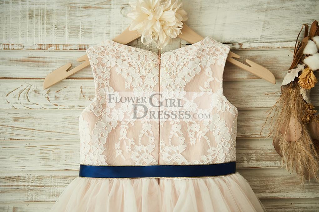 Ivory Lace Tulle Pink Lining Wedding Flower Girl Dress with Navy Blue Sash