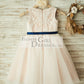 Ivory Lace Tulle Pink Lining Wedding Flower Girl Dress with Navy Blue Sash