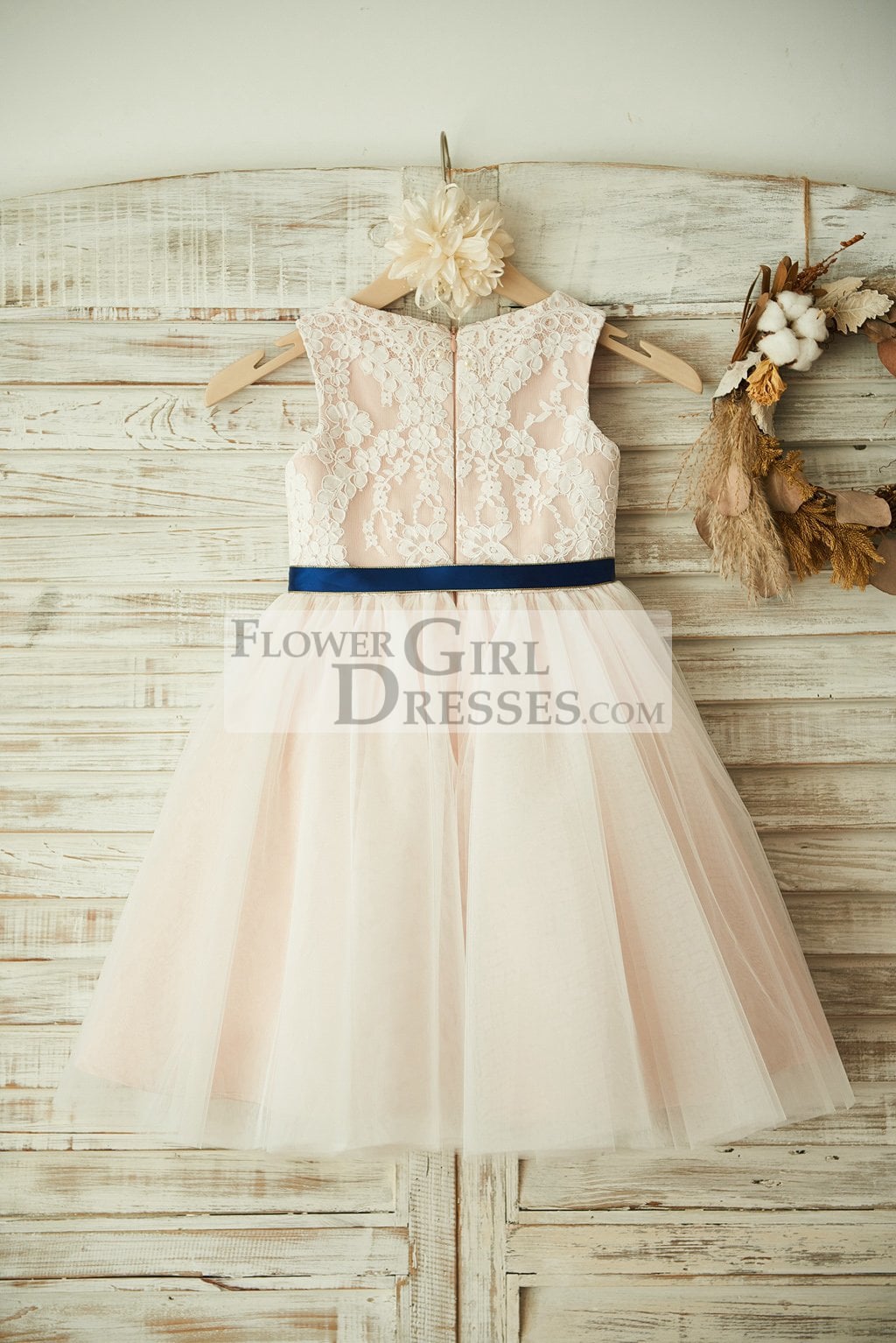 Ivory Lace Tulle Pink Lining Wedding Flower Girl Dress with Navy Blue Sash