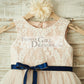 Ivory Lace Tulle Pink Lining Wedding Flower Girl Dress with Navy Blue Sash