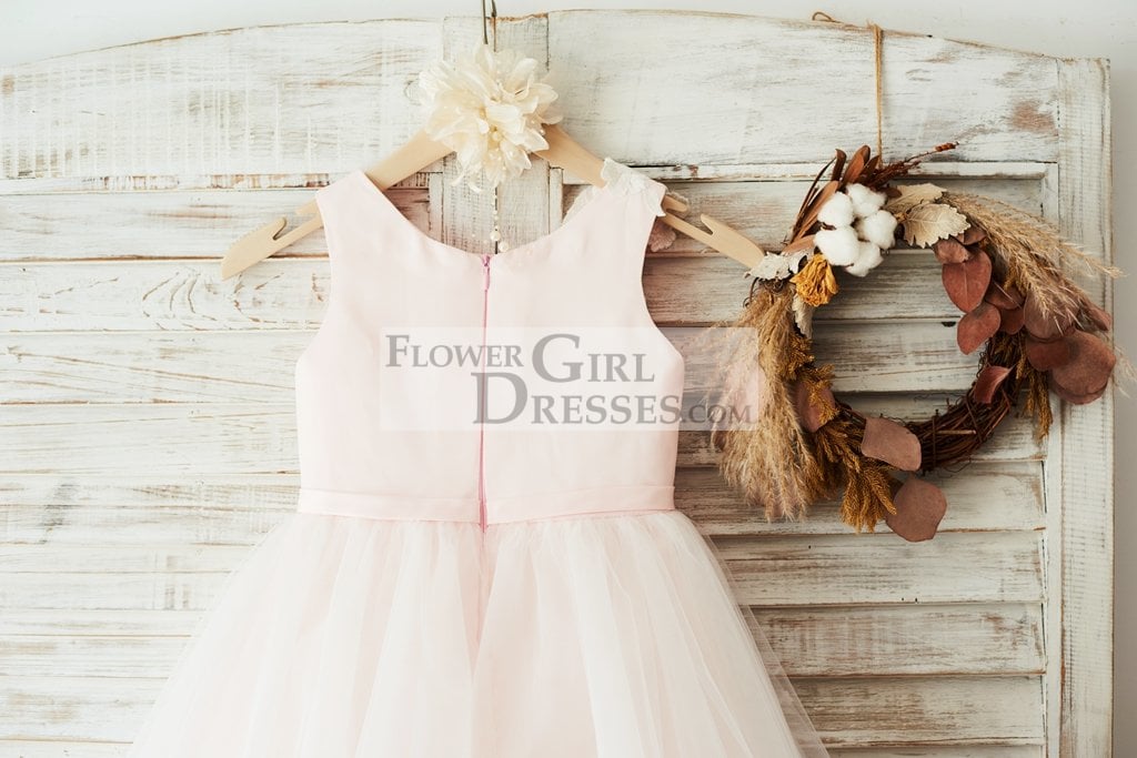 Ivory Lace Tulle Pink Satin Wedding Flower Girl Dress Junior Bridesmaid Dress