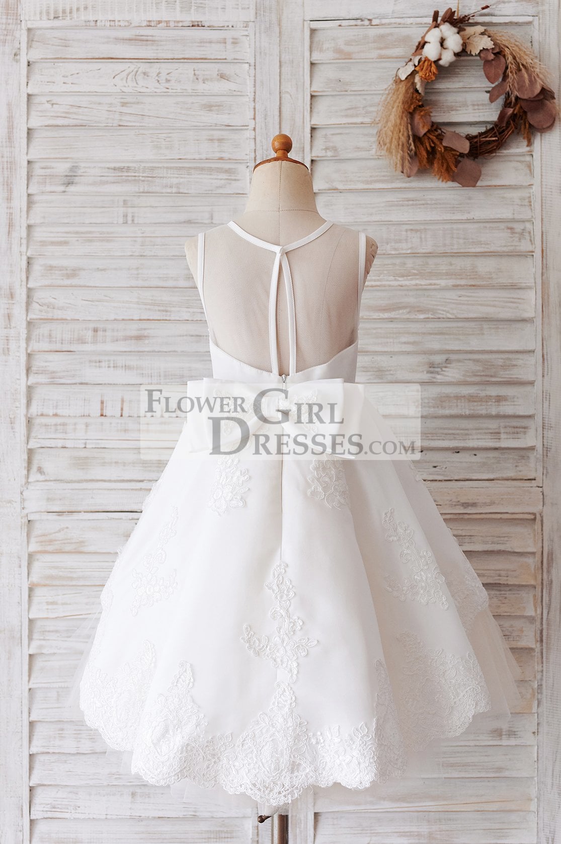 Ivory Lace Tulle Sheer Back Wedding Party Flower Girl Dress