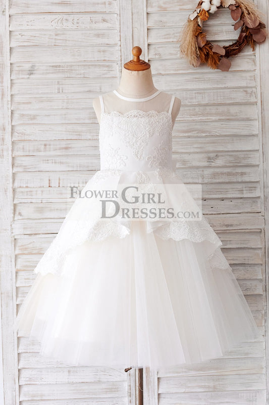 Ivory Lace Tulle Sheer Back Wedding Party Flower Girl Dress