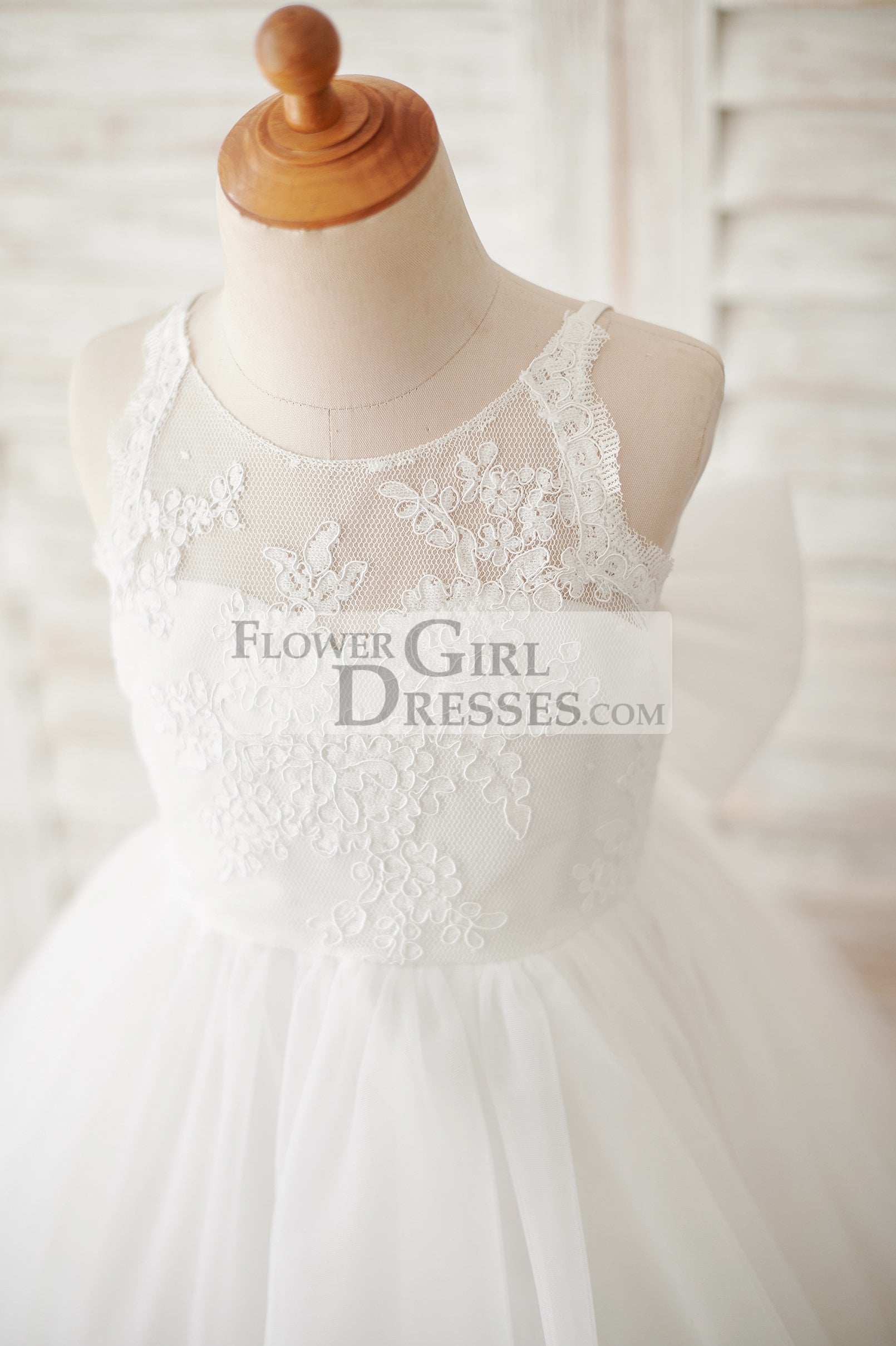 Ivory Lace Tulle Spaghetti straps Halter Neck Wedding Flower Girl Dress with Bow