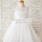 Ivory Lace Tulle Spaghetti straps Halter Neck Wedding Flower Girl Dress with Bow