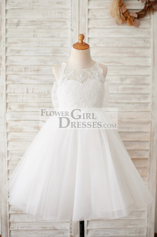 Ivory Lace Tulle Spaghetti straps Halter Neck Wedding Flower Girl Dress with Bow