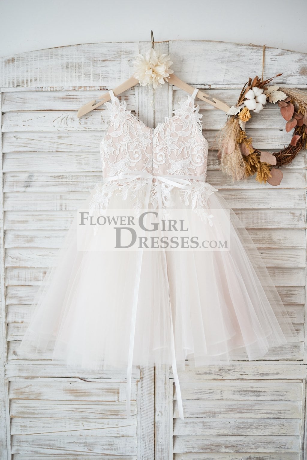 Ivory lace Tulle Spaghetti straps Wedding Flower Girl Dress with Beaded Belt