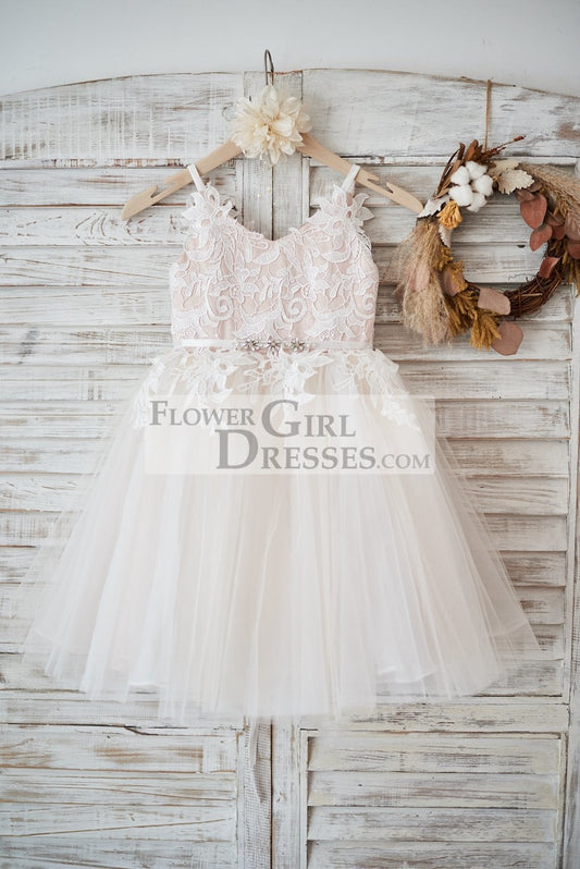 Ivory lace Tulle Spaghetti straps Wedding Flower Girl Dress with Beaded Belt