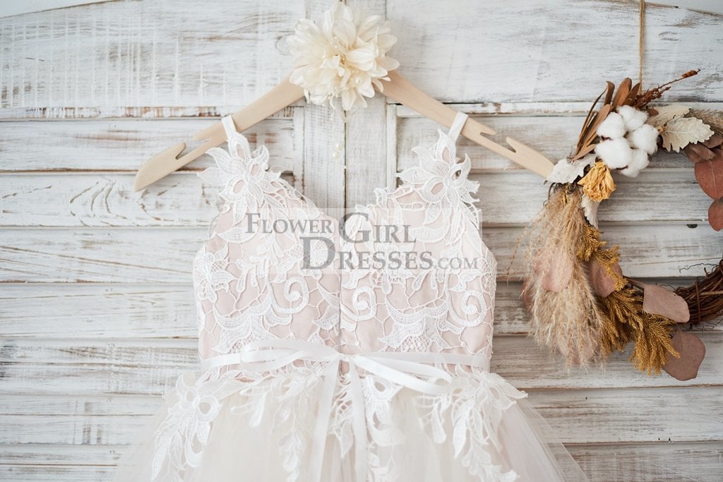 Ivory lace Tulle Spaghetti straps Wedding Flower Girl Dress with Beaded Belt
