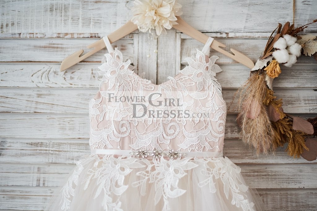 Ivory lace Tulle Spaghetti straps Wedding Flower Girl Dress with Beaded Belt