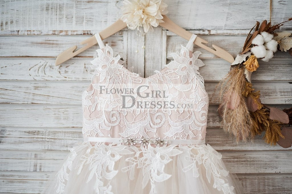 Ivory Lace Tulle Peach Spaghetti Straps Wedding Flower Girl Dress - Flower Girl Dresses Ivory Lace Tulle Peach Spaghetti Straps Wedding Flower Girl Dress - Flower Girl Dresses