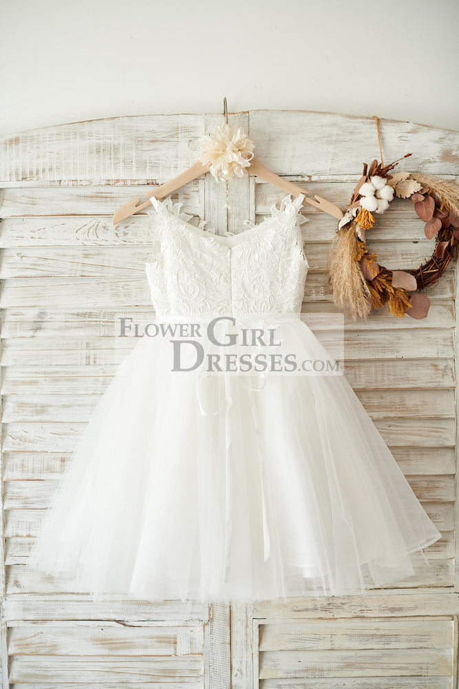 Lace Tulle Spaghetti Straps Wedding Flower Girl Dress, Beaded Belt 2T Lace Tulle Spaghetti Straps Wedding Flower Girl Dress, Beaded Belt 2T