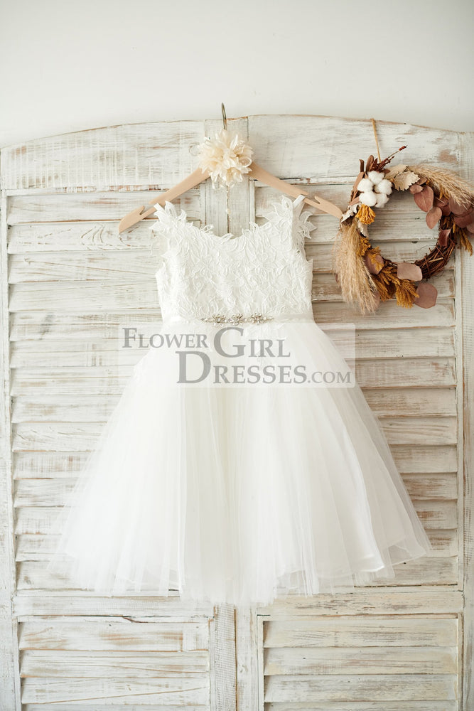 Lace Tulle Spaghetti Straps Wedding Flower Girl Dress, Beaded Belt 2T Lace Tulle Spaghetti Straps Wedding Flower Girl Dress, Beaded Belt 2T