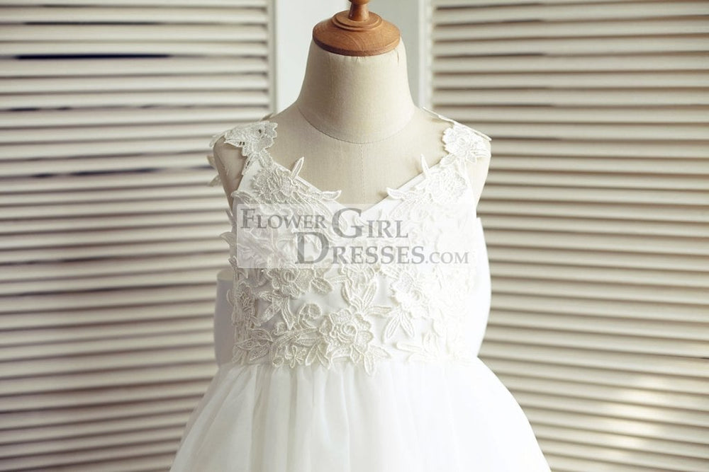 Ivory Lace Tulle V Back Straps Wedding Flower Girl Dress, Big Bow 10T Ivory Lace Tulle V Back Straps Wedding Flower Girl Dress, Big Bow 10T