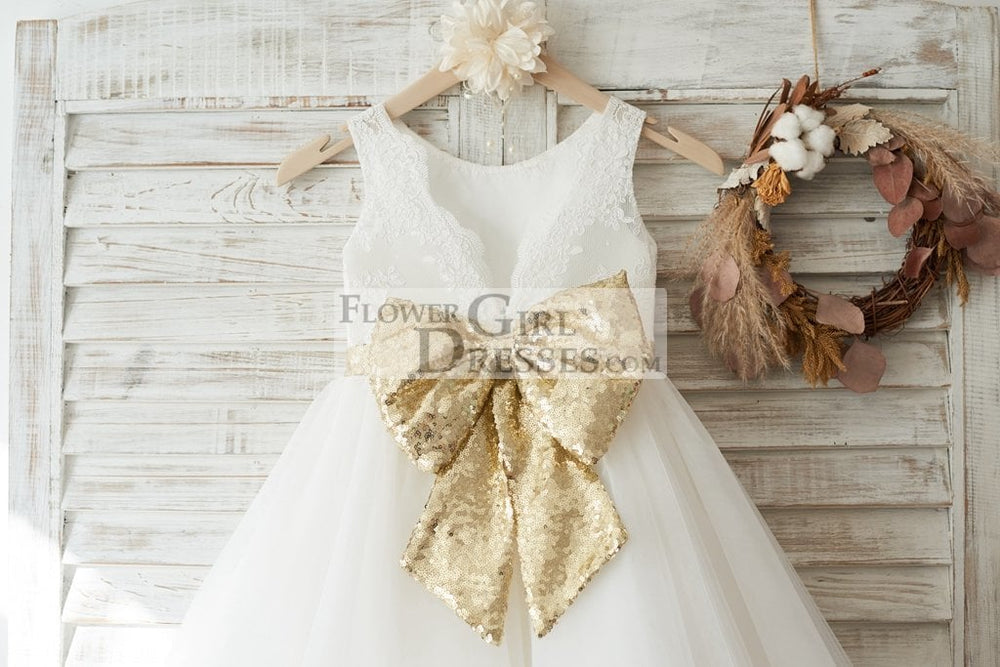 Ivory Lace Tulle V Back Wedding Flower Girl Dress, Sequin Bow - Flower Girl Dresses Ivory Lace Tulle V Back Wedding Flower Girl Dress, Sequin Bow - Flower Girl Dresses