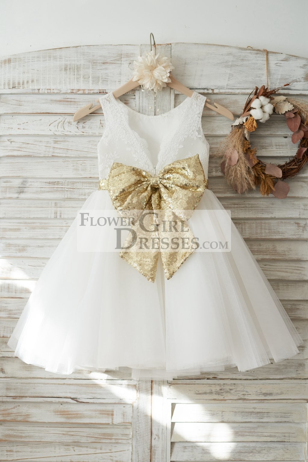 Ivory Lace Tulle V Back Wedding Flower Girl Dress with Gold Sequin Bow