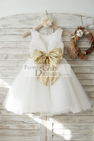 white and gold flower girl dresses Detachable Knot Gold Lace A-Line Flower Girl Dress