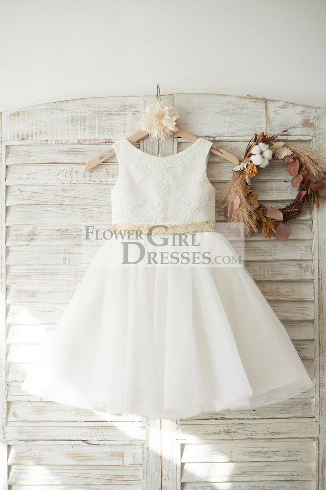 Ivory Lace Tulle V Back Wedding Flower Girl Dress, Sequin Bow - Flower Girl Dresses Ivory Lace Tulle V Back Wedding Flower Girl Dress, Sequin Bow - Flower Girl Dresses