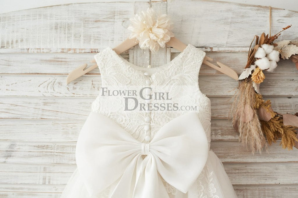 Princess Ivory Lace Tulle Sleeveless Wedding Flower Girl Dress, Bow 1T Princess Ivory Lace Tulle Sleeveless Wedding Flower Girl Dress, Bow 1T