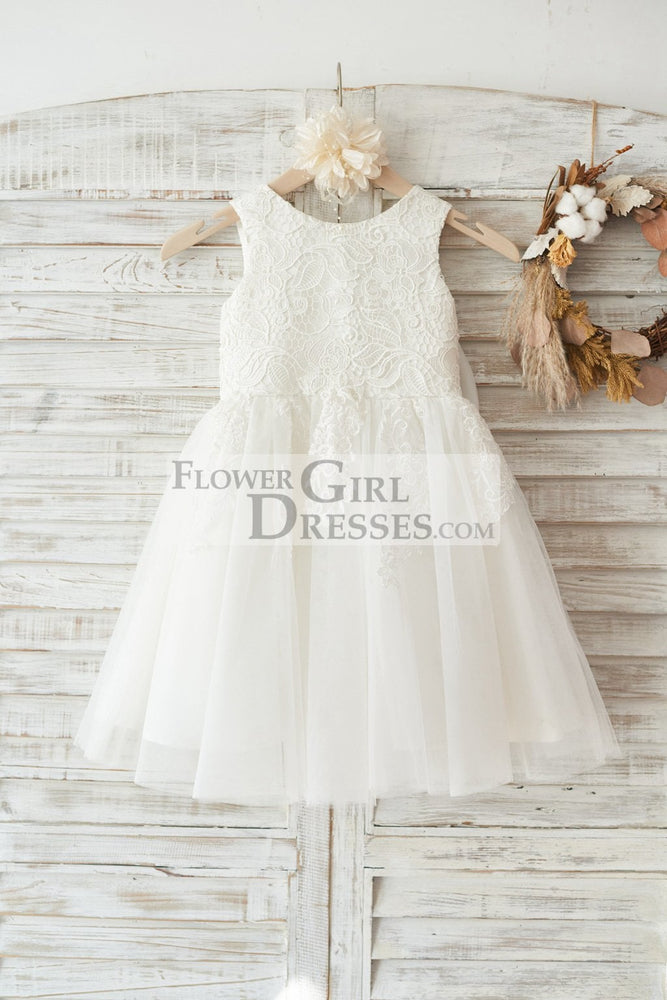 Princess Ivory Lace Tulle Sleeveless Wedding Flower Girl Dress, Bow 1T Princess Ivory Lace Tulle Sleeveless Wedding Flower Girl Dress, Bow 1T