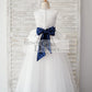 Ivory Satin Tulle Wedding Flower Girl Dress with Navy Blue Belt